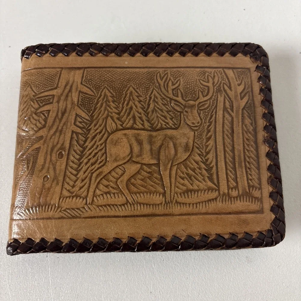 Vintage Mexico Hand Tooled Leather Mens Wallet Bifold Handmade Deer Bonilla